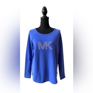 Michael Michael Kors: Blue Long Sleeve Top with MK Rhinestone Logo